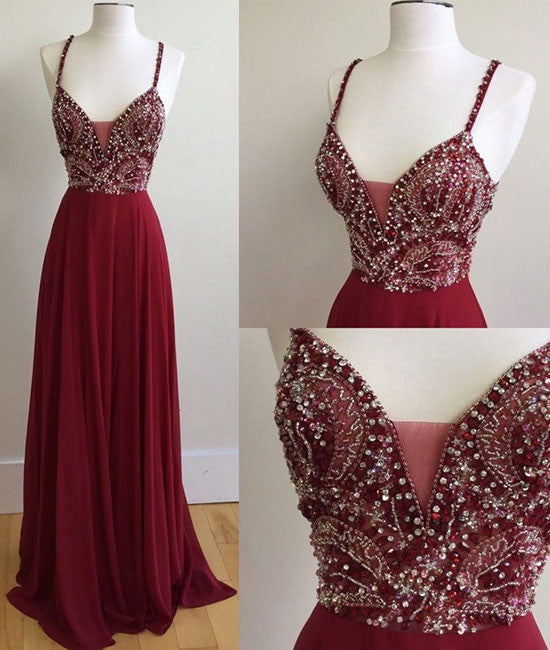 Unique sequin beads burgundy long prom dress, formal dress
