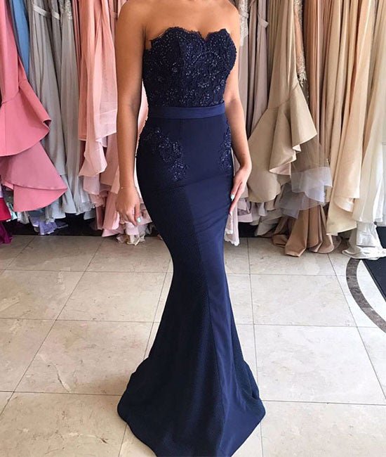 Dark blue lace mermaid long prom dress, bridesmaid dress