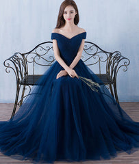 Simple A-line dark blue tulle long prom for teens, blue bridesmaid dress