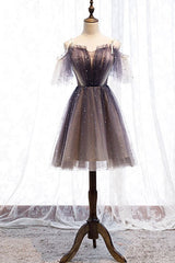Cute tulle short prom dress tulle lace gray homecoming dress