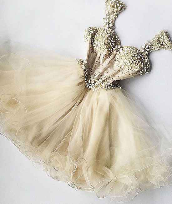 Champagne sweetheart tulle short prom dress, cute homecoming dress