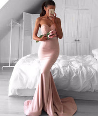 Pink sweetheart neck lace mermaid long prom dress, pink bridesmaid dress