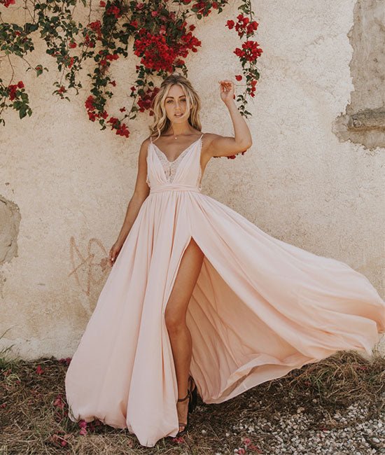 Light pink chiffon long prom dress, evening dress
