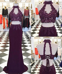 Burgundy two pieces lace long prom dress, evening dress
