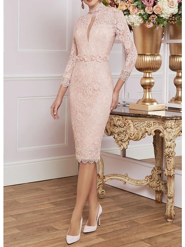 Sheath / Column Mother of the Bride Dress Elegant High Neck Knee Length Lace 3/4 Length Sleeve with Lace Appliques