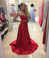Red two pieces sequin long prom dress, red evening dress