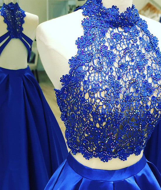 blue two pieces lace long prom dress, blue lace evening dress