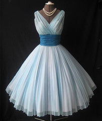 Cute retro v neck blue short prom dress, bridesmaid dress