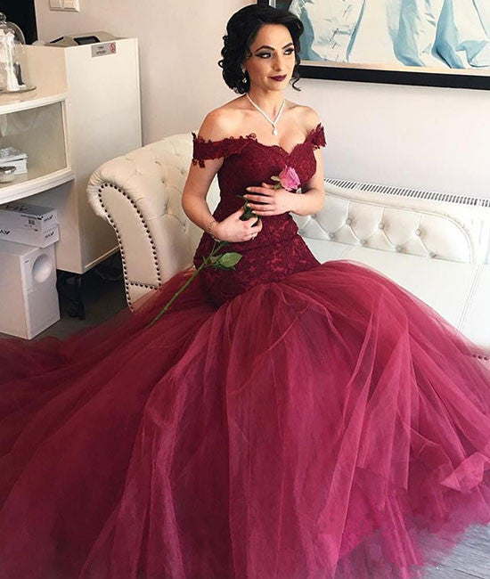 Burgundy tulle sweetheart neck lace long prom dress, evening dress