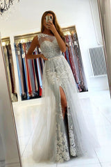 Gray one shoulder lace tulle long prom dress gray evening dress