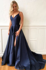 Dark blue satin long prom dress, blue evening dress