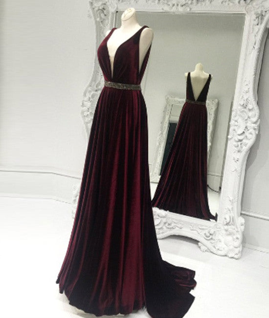 Burgundy v neck long prom dress, burgundy evening dress