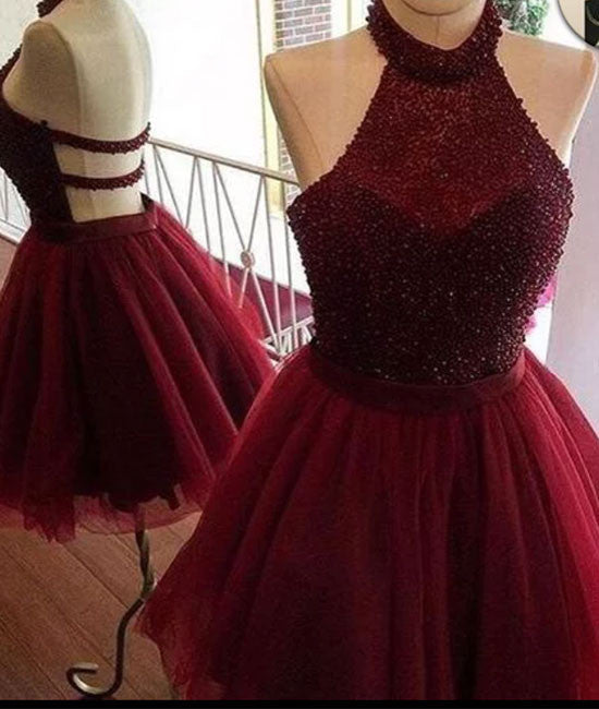 Burgundy tulle sequin short prom dress, cute homecoming dress