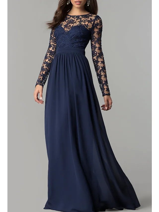 Sheath / Column Mother of the Bride Dress Elegant Jewel Neck Floor Length Chiffon Lace Long Sleeve with Appliques Ruching