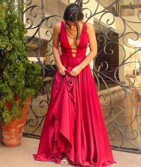 Unique red v neck long prom dress, red evening dress