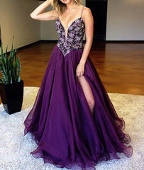 Unique v neck purple beads tulle long prom dress, evening dress