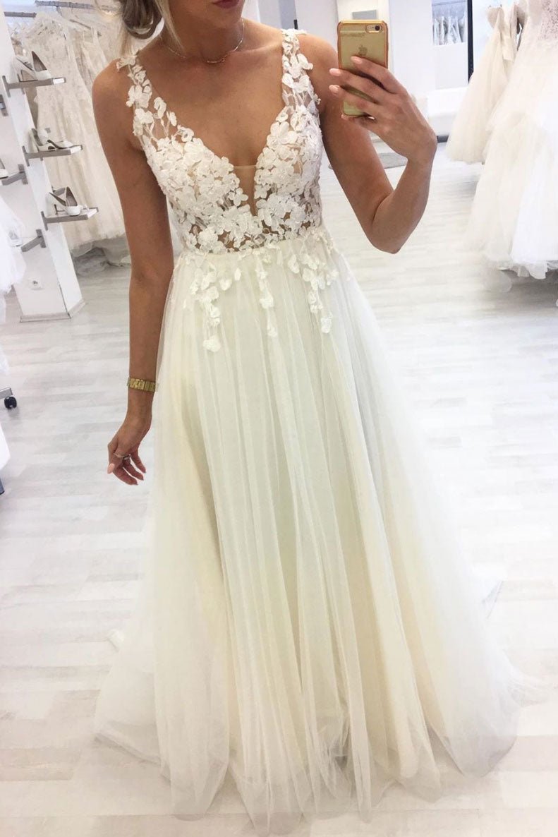 Unique v neck lace applique long prom dress tulle formal dress