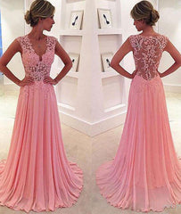 A-line v neck pink chiffon lace long prom dress, pink evening dress