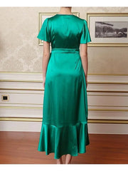 A-Line Mother of the Bride Dress Elegant V Neck Asymmetrical Tea Length Chiffon Short Sleeve with Ruffles Split Front