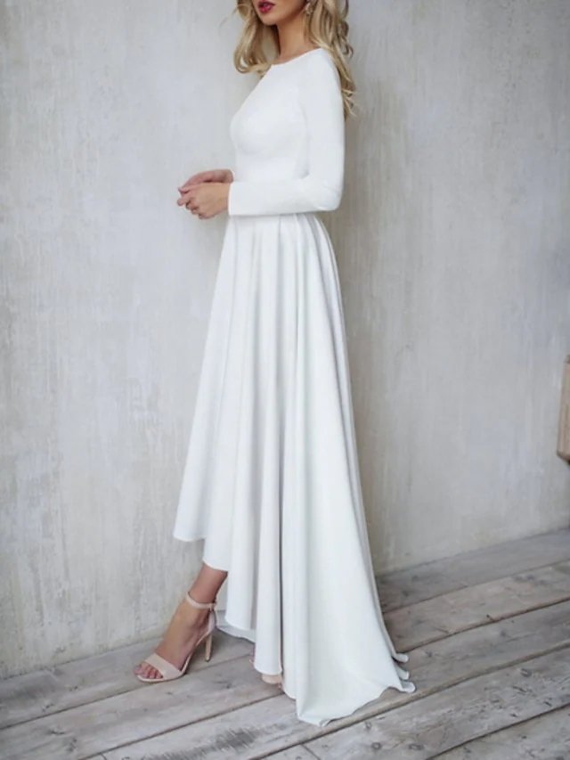 A-Line Minimalist Elegant Engagement Formal Evening Dress Jewel Neck Long Sleeve Floor Length Italy Satin with Pleats