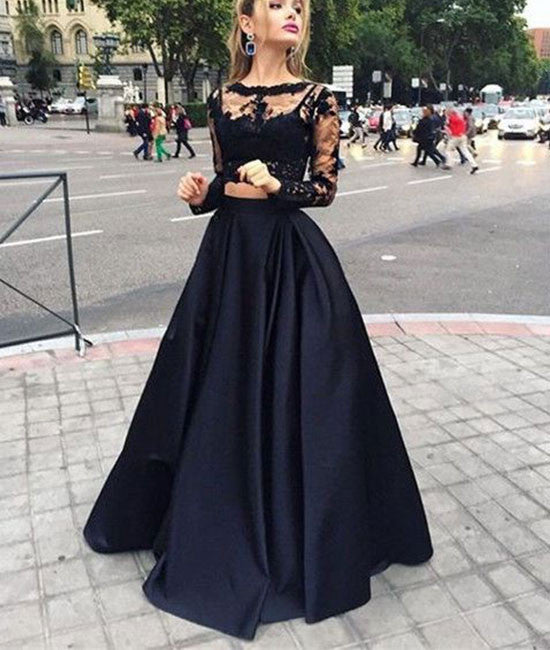 Black two pieces lace long prom dress for teens, black evening dress