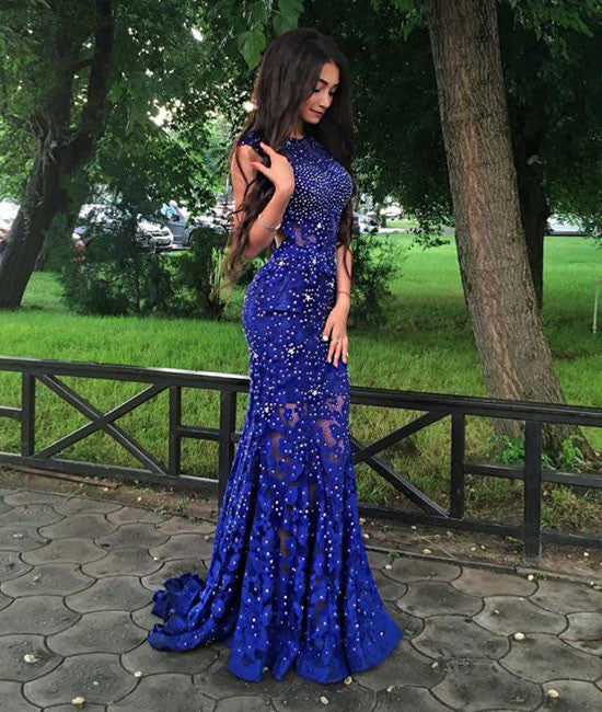 Unique Royal blue lace mermaid long prom dress, evening dress