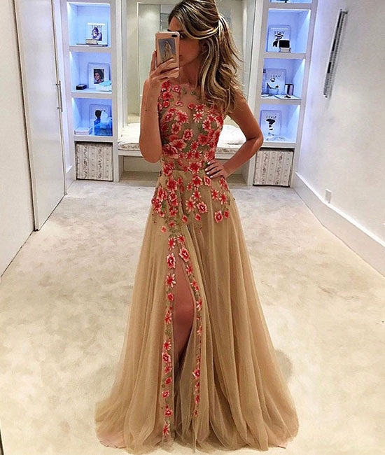 Champagne tulle applique long prom dress, evening dress for teens