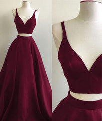 Simple two pieces burgundy long prom dress, burgundy evening dress