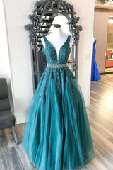 Green v neck tulle lace long prom dress, green formal dress
