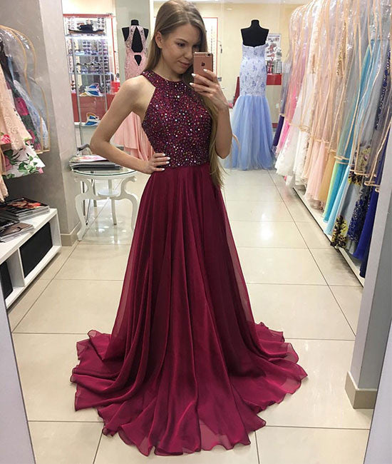 burgundy chiffon long prom dress, burgundy evening dress