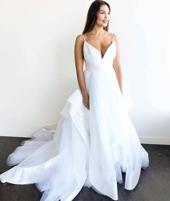 White v neck tulle long prom dress, white tulle evening dress
