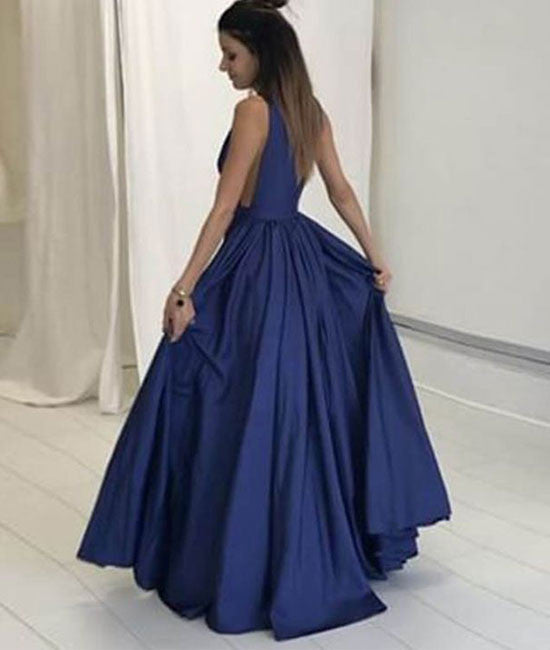 Simple v neck dark blue long prom dress, evening dress