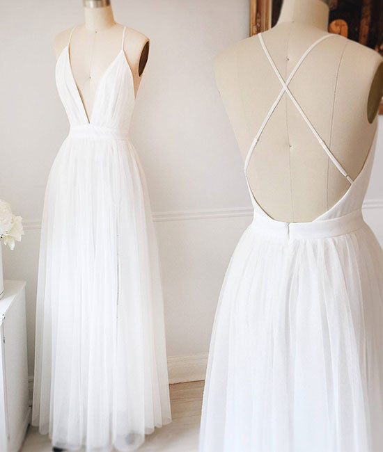 Simple white v neck tulle long prom dress, white evening dress