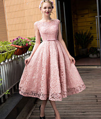 Pink round neck lace short prom dress,lace bridesmaid dress