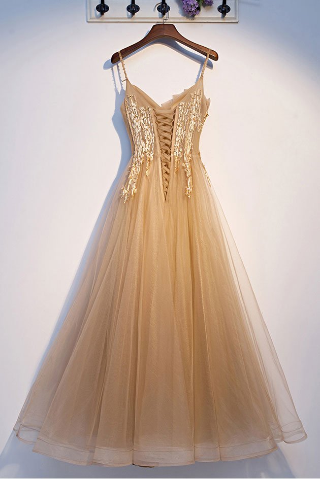 Champagne tulle lace long prom dress champagne formal dress