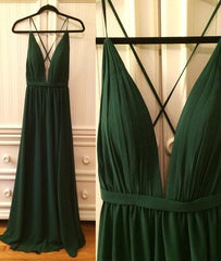 Simple v neck green long prom dress, green evening dress