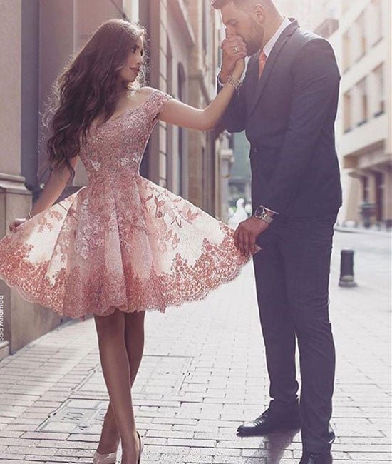 Pink off shoulder lace short prom dress, cute homecoming dress