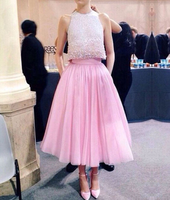 Pink two pieces sequin prom dress, pink formal dress