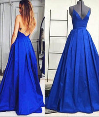 Simple V Neck Blue Long Prom Gown, Evening Dresses