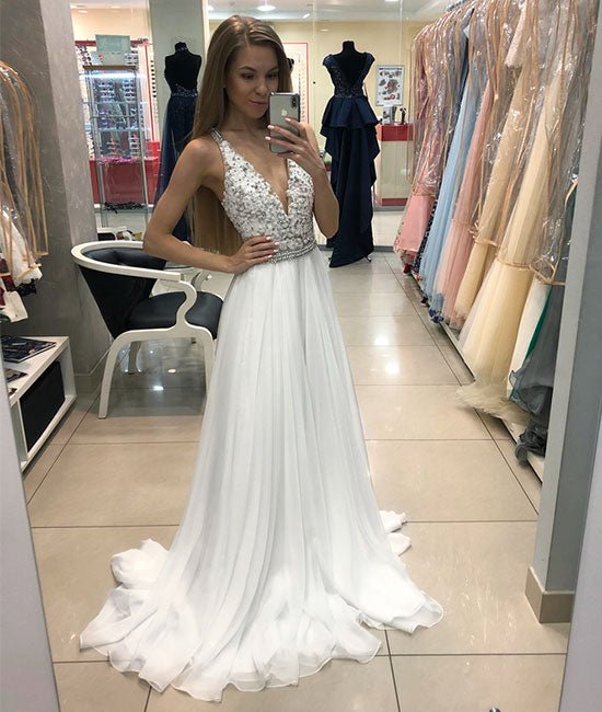 White v neck chiffon lace long prom dress, white evening dress