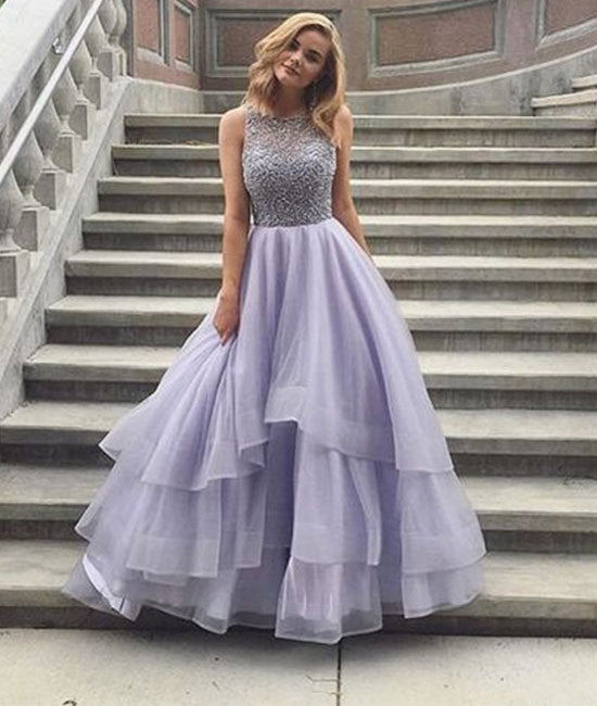 Cute round neck sequin long prom dress, tulle formal dress