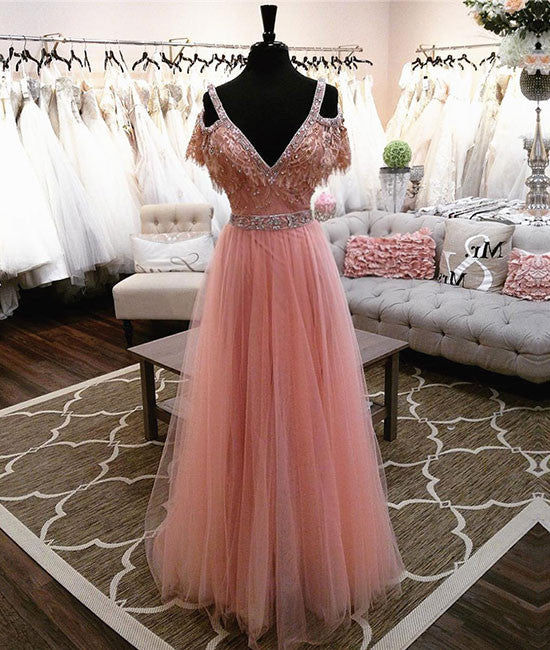 Pink v neck lace tulle long prom dress, pink evening dress