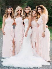 2020 Popular One Shoulder Long Bridesmaid Dresses, High Side Slit Bridesmaid Dresses