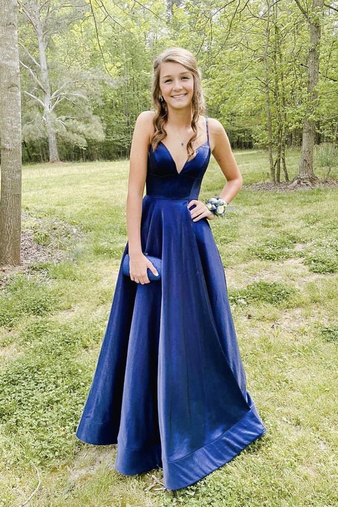 Simple v neck blue satin long prom dress blue evening dress