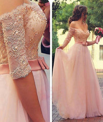 Pink A-line Lace Sweetheart Long Prom Dresses, Foraml Dresses