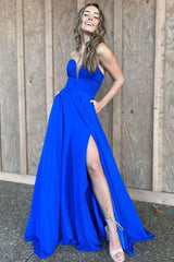 Simple blue satin long prom dress blue evening dress