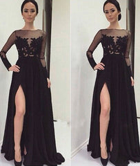 Black lace long sleeves prom dress, black evening dress