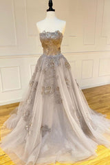 Champagne tulle lace long prom dress lace formal dress