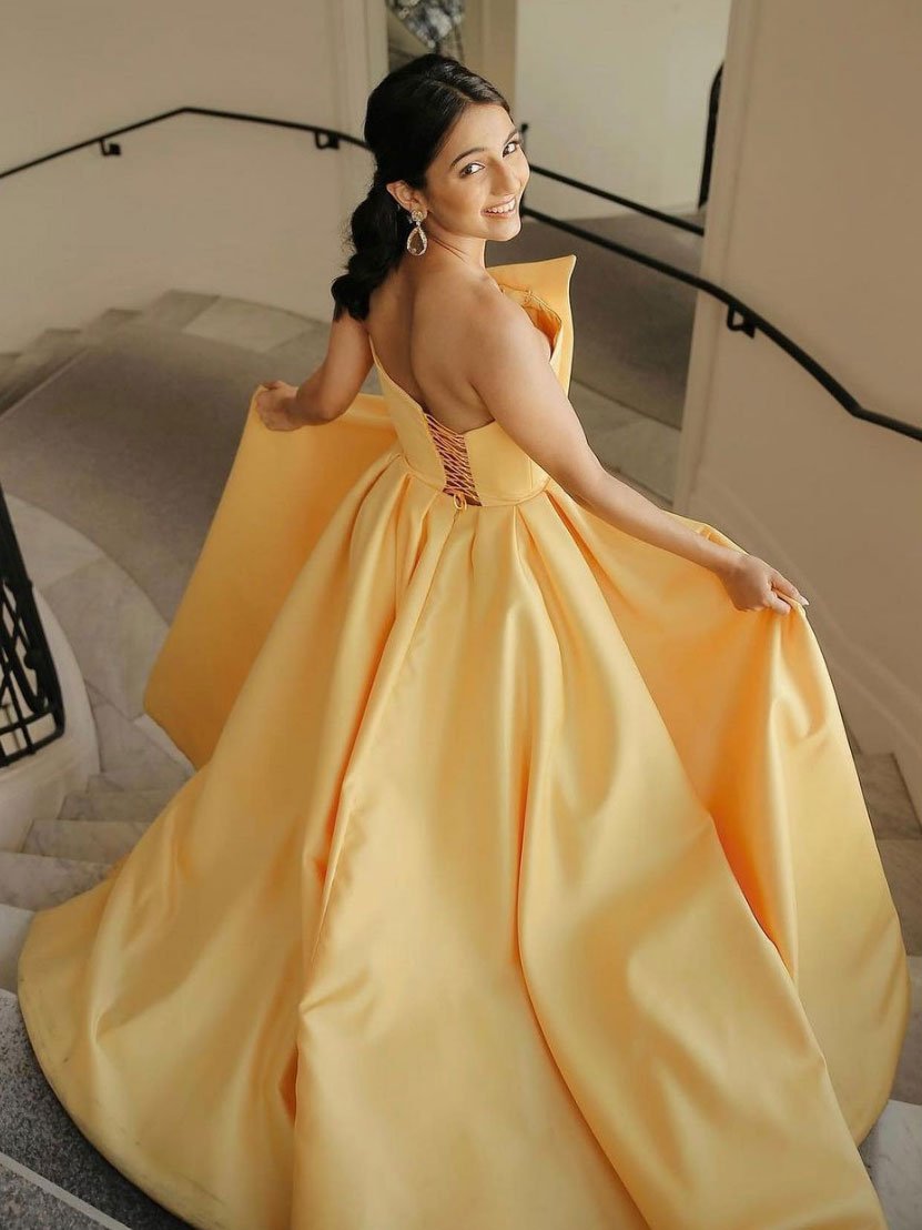 Yellow satin long prom dress, simple yellow evening dress