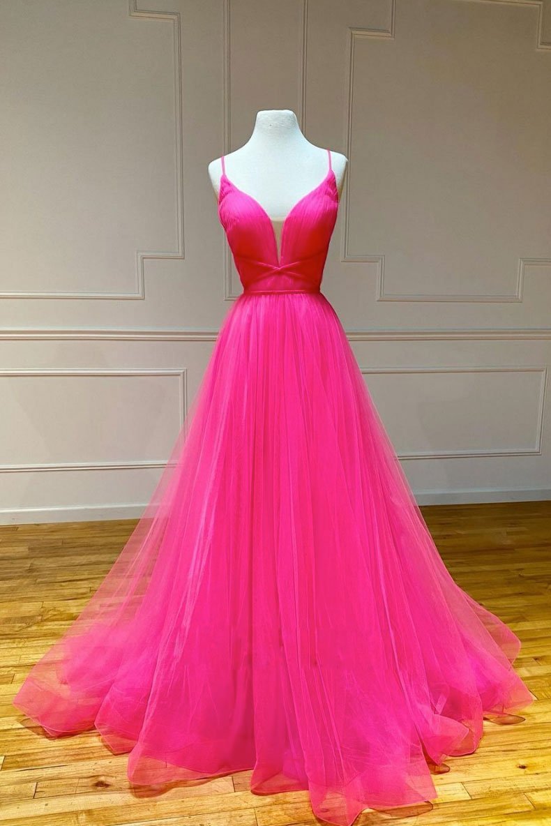 Simple pink v neck tulle long prom dress pink formal dress